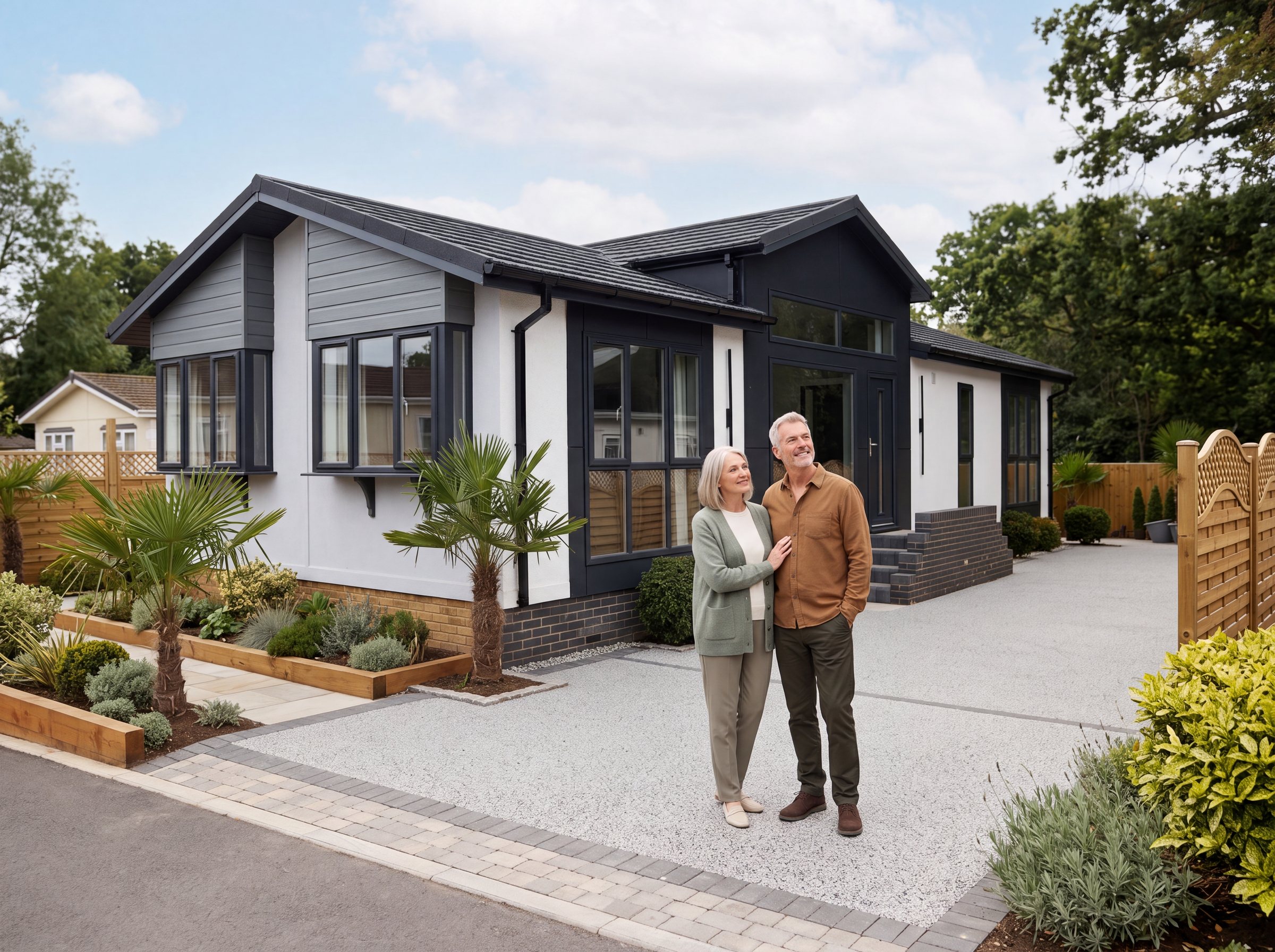 New residents outside a luxury bungalow at Hermitage Park